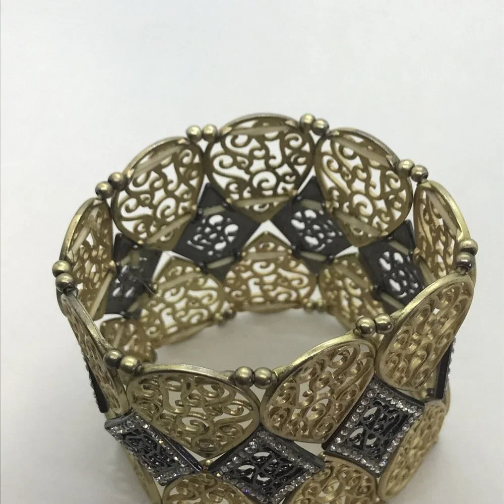 GOLD SILVER TONE FILAGREE STRETCH RHINESTONES CRYSTALS bracelet‎